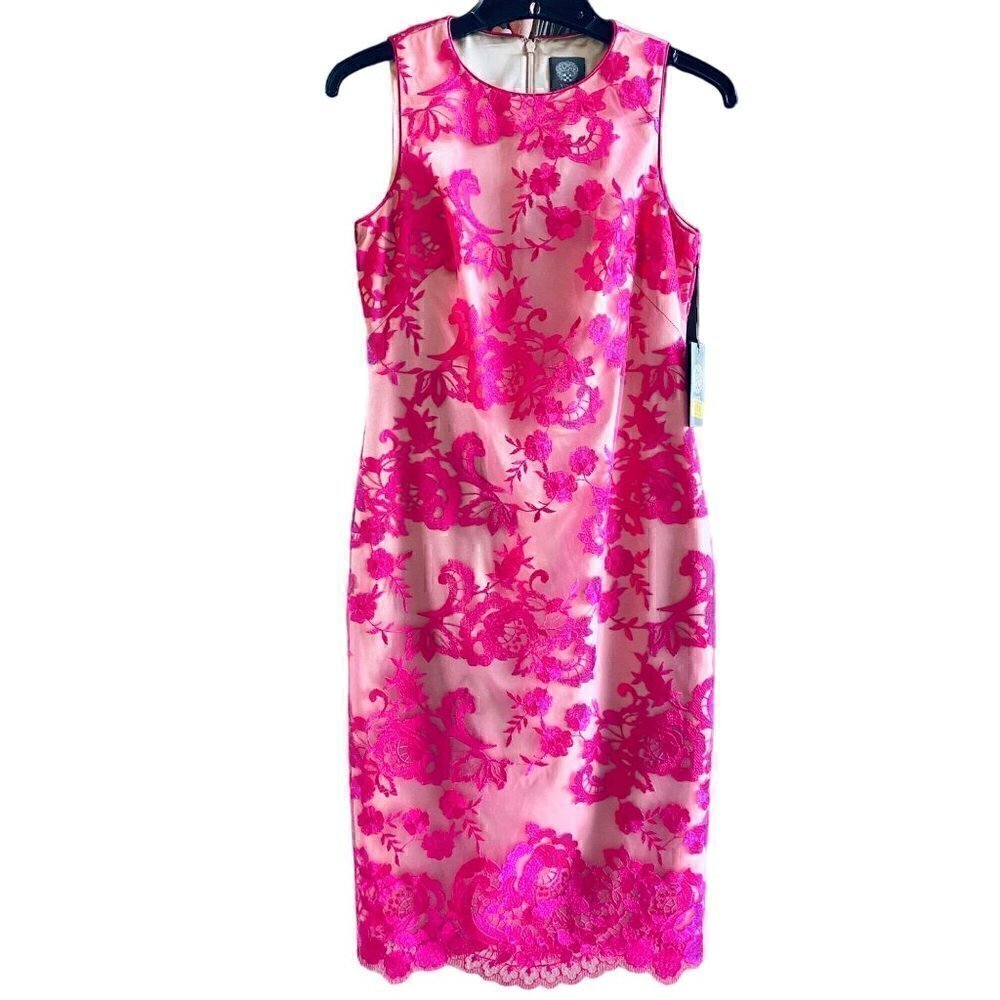 Vince Camuto Pink Fuschia Nude Floral Embroidered Lace Sleeveless Dress 0